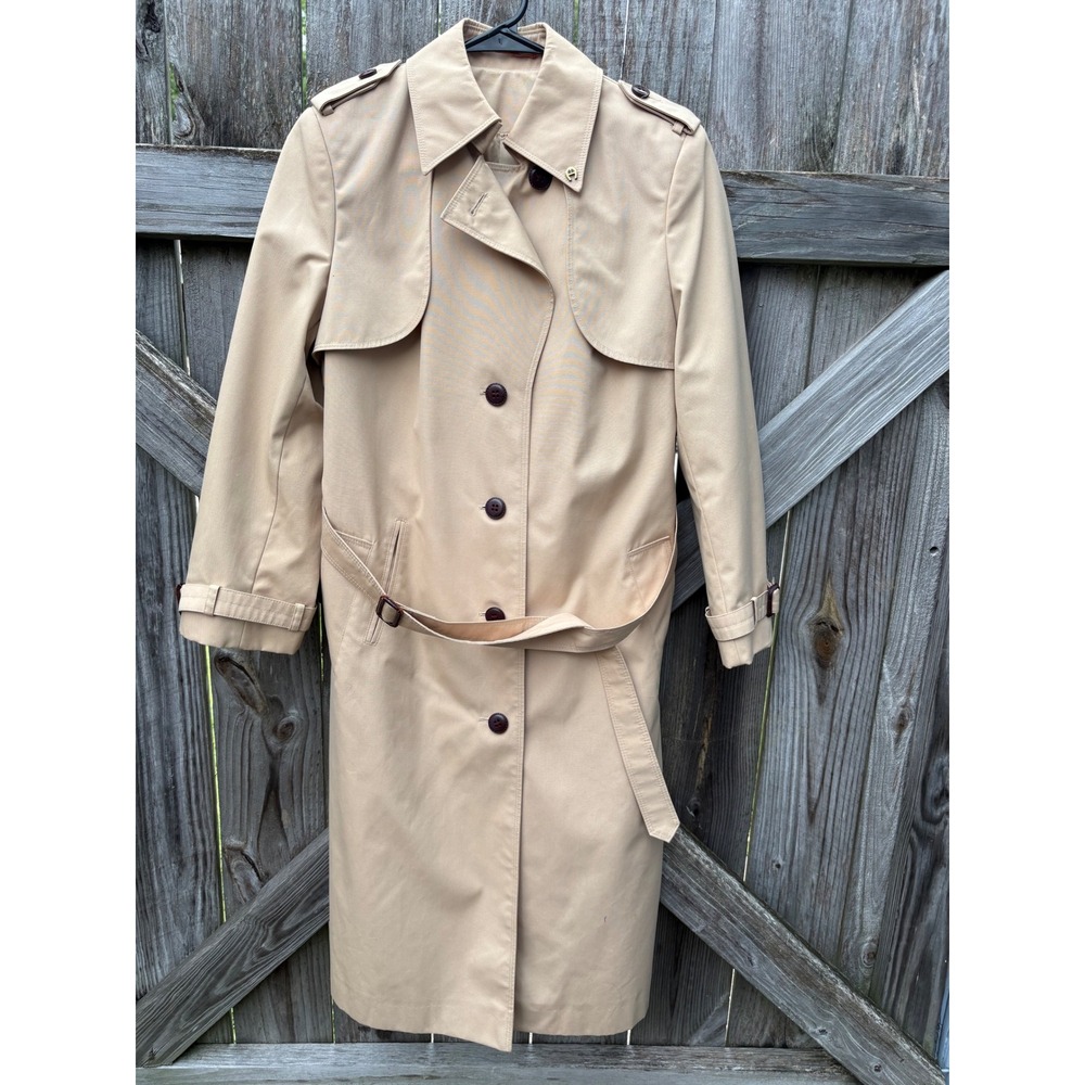 Vintage Etienne Aigner Tan Trench Coat Leather Trim Belted Beige Jacket Sz 8